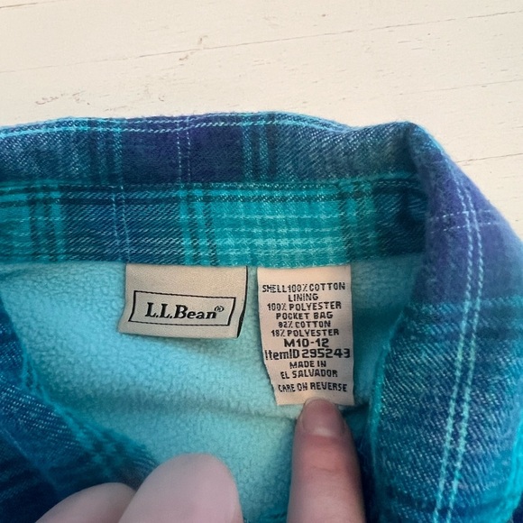 LL Bean Kids 10-12 Blue Flannel Fleece Lined Plaid Shacket Snap Outdoor - Picture 3 of 4